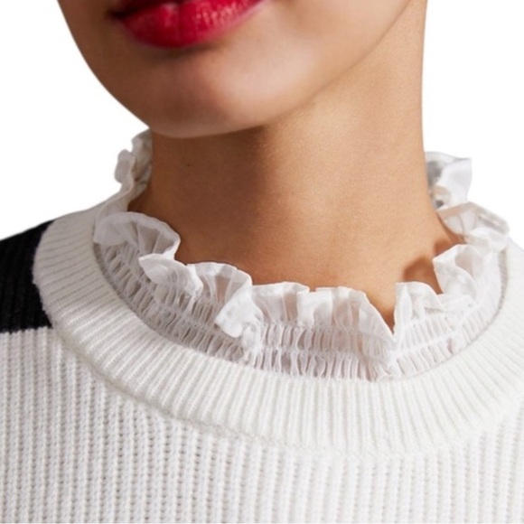 Anthropologie | Black White Striped Ruffle Collar Sweater Contemporary Coquette - Picture 2 of 7